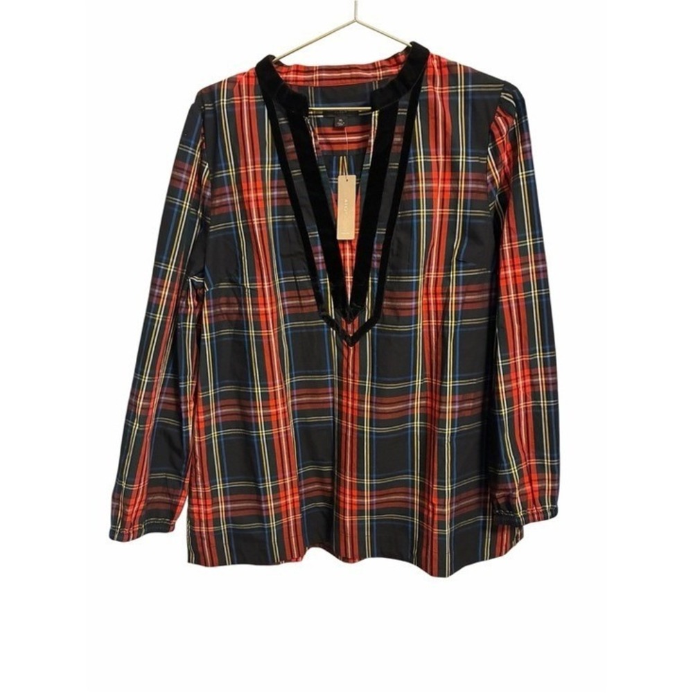 J.Crew Womens XL Red Plaid Velvet Trim V-Neck Tunic Blouse New With Tags